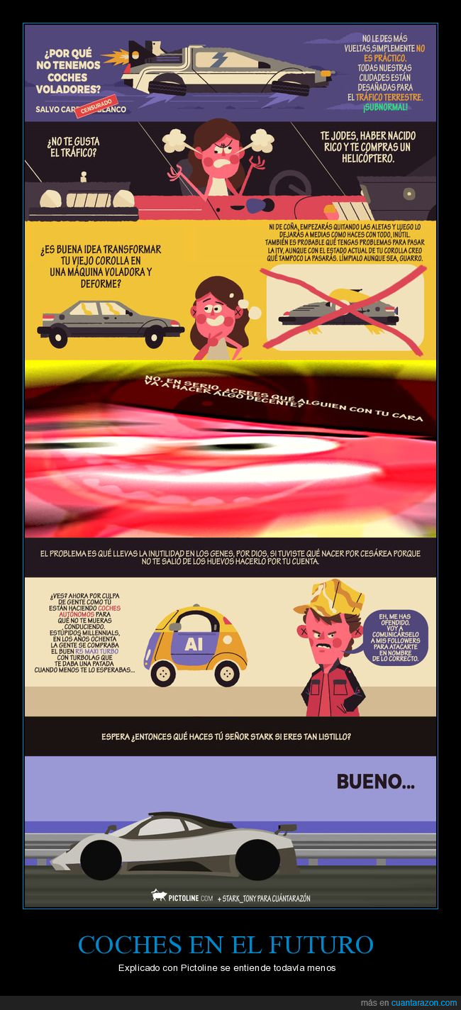 Pictoline,coche,coche volador,futuro,BTTF,regreso al futuro,parodia,Pagani,Delorean,Toyota,turbo,inteligencia artificial,tecnología,no hay que tomarlo en serio,millennial